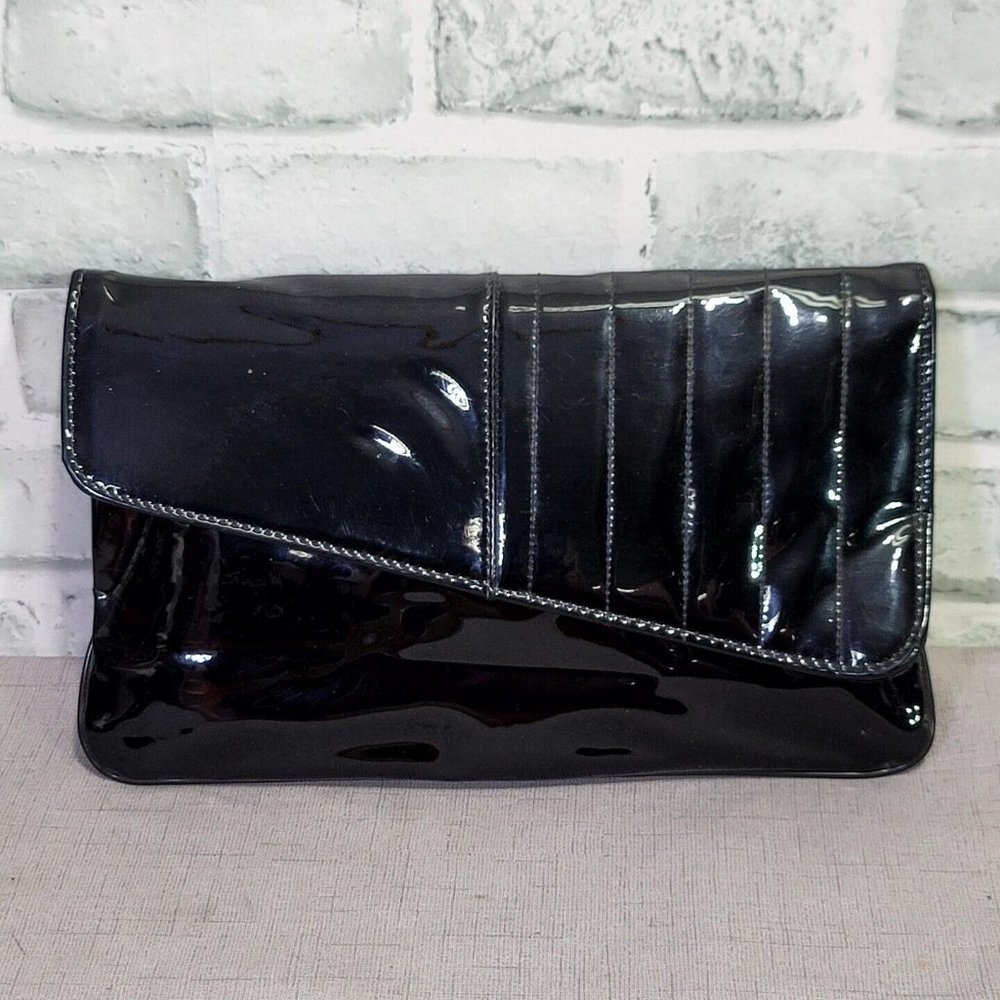 Vintage 60s Black Patent Envelope Clutch Evening Bag Quilted Detail